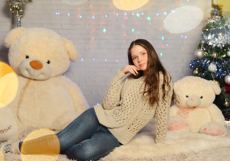 girl with Teddy bear. new year. atelier. snowflakes, glareの写真素材