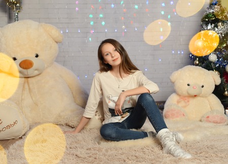 girl with Teddy bear. new year. atelier. snowflakes, glareの写真素材