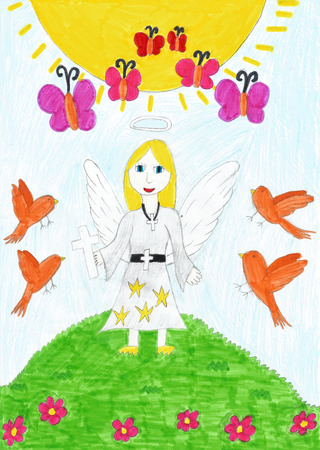 An angel hand drawn by a child.の写真素材