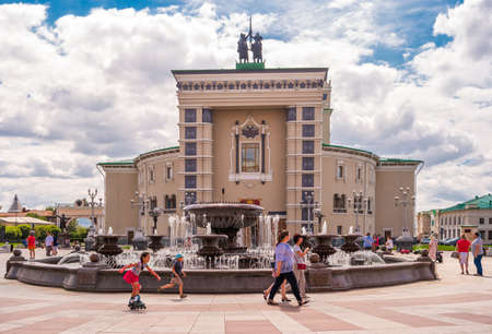 Ulan-Ude, Russia - August 3, 2018:View of square near the Buryat State academic opera and ballet theater named after GomboTsydynzhapov at summer day.のeditorial素材