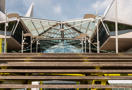 Antwerp, Belgium- July 2, 2019: The stairscase of Antwerp City Court building. The courthouse was...