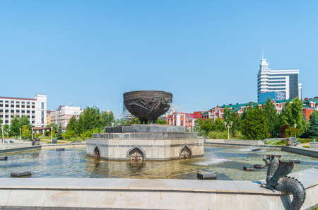 Kazan, Russia - August 5, 2020: The Kazan fountain in the form of the dragon Zilant in the Millennium Park.のeditorial素材