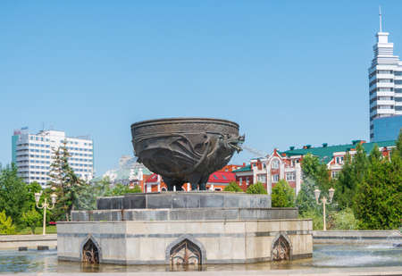 Kazan, Russia - August 5, 2020: View of the Kazan fountain in the form of the dragon Zilant in the Millennium Park.のeditorial素材