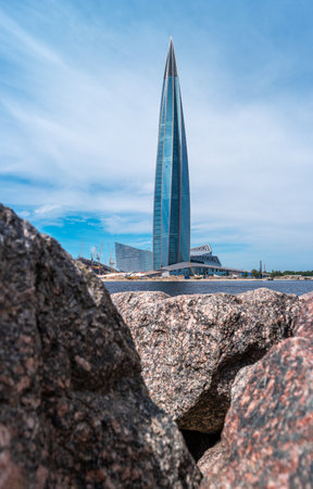 Saint Petersburg, Russia - June 19, 2019: View of Lakhta center from the rocky shore. State concern headquarters Gazprom.のeditorial素材