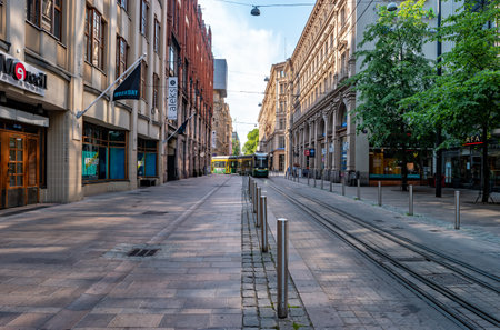 Helsinki, Finland - June 21, 2019: The cityscape of the finnish capital with a tram ForCity Smart of Skoda Transportation.のeditorial素材