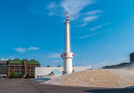 Helsinki, Finland - June 21, 2019: The clock tower of Amos Rex museum on Plaza Narinkka.のeditorial素材