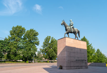 Helsinki, Finland - June 21, 2019: Equestrian statue of Marshal Mannerheim in the center of the Finnish capital.のeditorial素材