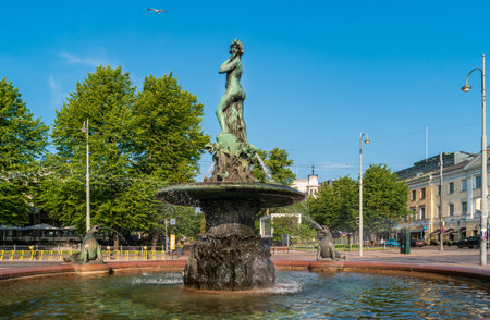 Helsinki, Finland - June 21, 2019: Fountain with a statue of Havis Amanda located at the Market Square.のeditorial素材