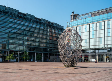 Helsinki, Finland - June 21, 2019: Entrepreneurs monument on Plaza Narinkka near the shopping center Kamppi. Contemporary art at station square.のeditorial素材