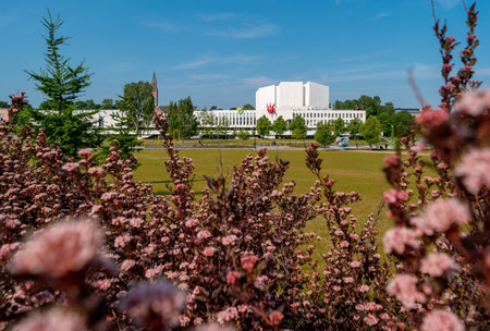 Helsinki, Finland - June 21, 2019: The Finlandia Hall with installation Strange Fruit with flowers in the foreground. Design by architect Alvar Aalto.のeditorial素材