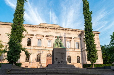 Helsinki, Finland - June 21, 2019: The Statue of Johan Vilhelm Snellman in front of the Bank of Finland.のeditorial素材