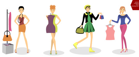Woman trying on dress, Woman shopping, Woman in fitting room. Vectorのイラスト素材