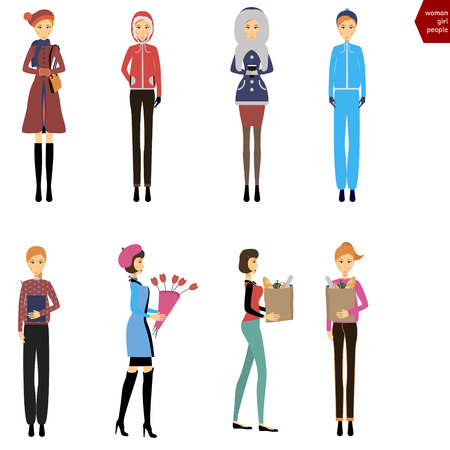 Set of people. Girl in winter clothes. The girl with the products from the supermarket.のイラスト素材