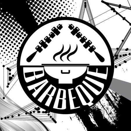 Barbeque, grill on abstract background. Retro vintage badges, ribbons and labels, hipster signboard. Vector, illustration. Black and white.のイラスト素材