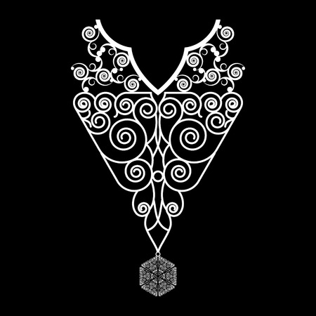 Ethnic curl neck line embroidery. Vector, illustration. Decoration for clothes. Front collar ethnic design.のイラスト素材