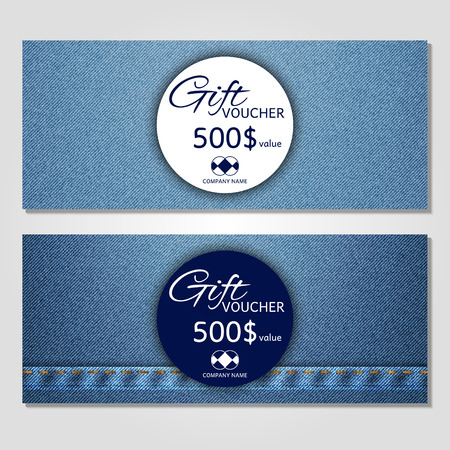 Gift voucher. Vector, illustration. Card template. Blue jeans.のイラスト素材