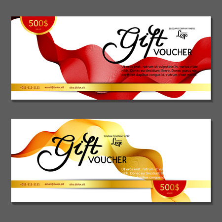 Gift voucher. Vector, illustration. Card template. Red. Gold.のイラスト素材