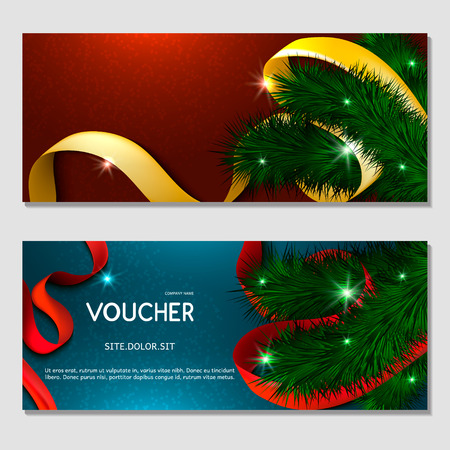 Horizontal gift with golden ribbon, confetti. Design background for printing. Corporate advertising voucher, flyer, template for banner, ticket. Vector. Happy New Year and Merry Christmasのイラスト素材