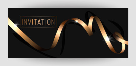 Horizontal gift gold design background with ribbons for invitation, birthday, voucher.のイラスト素材