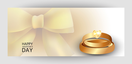 A horizontal gift design background with two gold rings and a heart. Invitation For Valentine's Day, Weddings. For a banner, postcards. flyer, label, certificate, company card. Vector.のイラスト素材