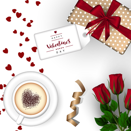 Template square white festive background. Red rose, gold ribbon, gift box with bow, cup of cappuccino coffee with heart. Inscription lettering Happy Valentine's Day. Vector. View from above.のイラスト素材