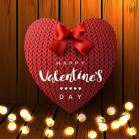 Template square festive wooden boards background. Knitted red heart with a bow, Garland. Inscription Lettering "Happy Valentine's Day". Vector.のイラスト素材