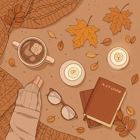 Coffee cup, book, glasses and autumn leaves. Vector illustration.の素材