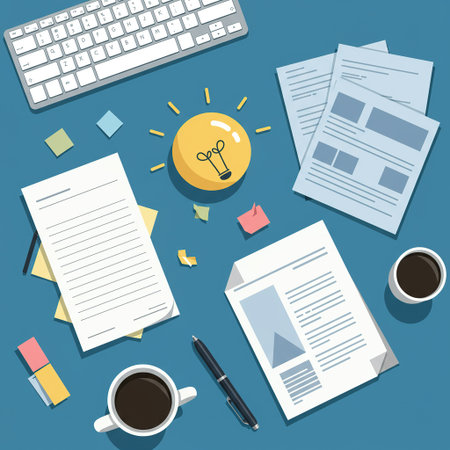 Top view of office workplace. Flat design vector illustration. Business concept.の素材