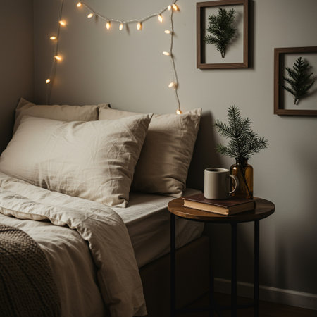 Cozy bedroom interior with christmas decorations, pillows and coffee cupの素材