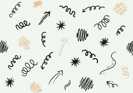 A playful and energetic pattern featuring black ink doodles, arrows, and abstract shapes on a clean...