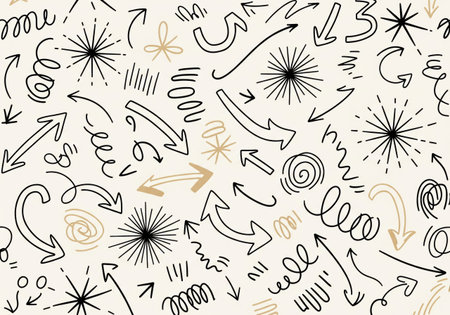 A whimsical, hand-drawn pattern featuring a variety of arrows, scribbles, and starbursts scattered across a textured beige background.の写真素材