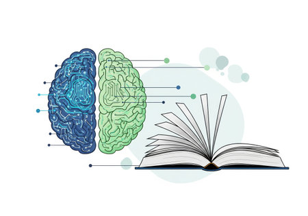 A stylized brain split into two halves, one blue and one green, beside an open book with radiating lines.の写真素材