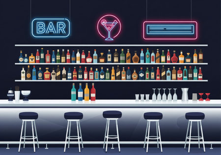 A modern bar interior featuring a full liquor shelf, glowing neon signs, and a row of empty bar stools.の写真素材