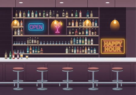 A well-stocked bar with glowing shelves, neon signs, and comfortable stools creates an inviting atmosphere for a night out.の写真素材