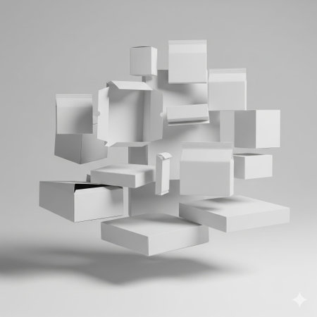 A dynamic abstract composition of irregularly stacked white 3D cubes, appearing to float in a softly...