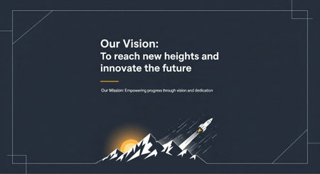 A dark background features a mountain range at sunrise, symbolizing aspiration, innovation, and...