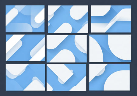 A modern abstract design featuring flowing organic shapes in blue and white, presented in a neat...