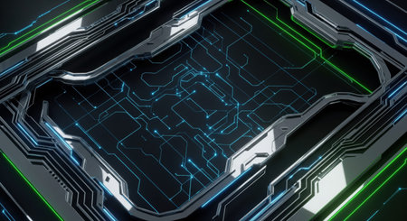 An abstract digital artwork featuring a central diamond shape with intricate glowing blue and green...