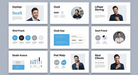 A clean and contemporary business presentation template with diverse slide layouts. It showcases...