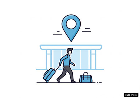 A stylized illustration of a person with a suitcase and duffel bag walking towards a building with a location pin above.のイラスト素材