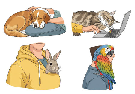 A collection of heartwarming illustrations depicting humans and their beloved pets sharing moments...
