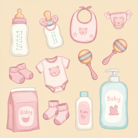 Illustration of various baby items including bottles, clothing, accessories, and care products.の写真素材