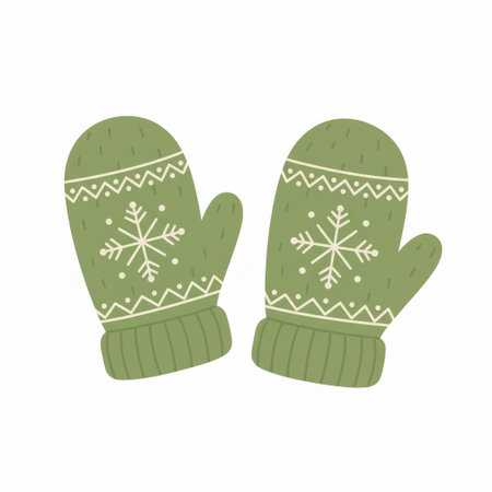 Pair of green winter mittens with snowflake pattern created using AIの写真素材