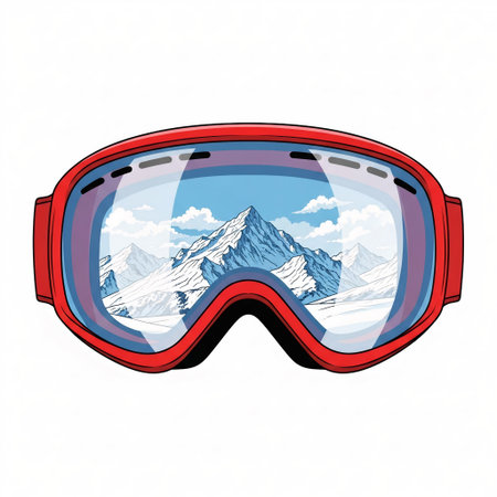 Realistic ski goggles showing snowy mountain reflection created using AIの写真素材