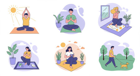Flat design scenes of people meditating and practicing yoga indoors and outdoors. Great for wellness, self-care, and lifestyle apps.のイラスト素材