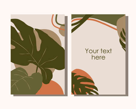 Modern vector templates with organic abstract in autumn colors. Tropical leaves background for branding design, posters, social media, greeting cards, invitations, postcardsのイラスト素材