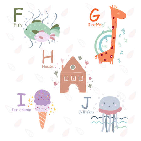 Cute alphabet with funny characters and animals in vector, learn to read F, G, H, I, J letters. Isolated stickers for children's booksのイラスト素材