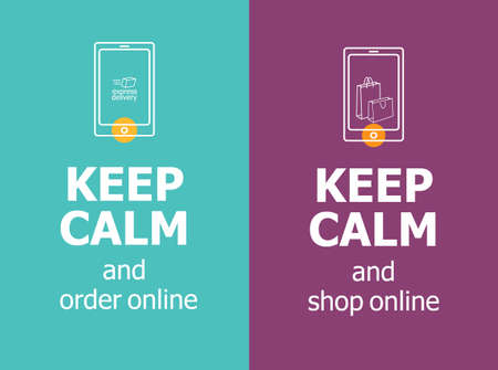 Keep calm vector banner for website, social media, app. Text with phone icon, shopping bags and express delivery. Concept art for business and ask to stay home, make order and shopping onlineのイラスト素材