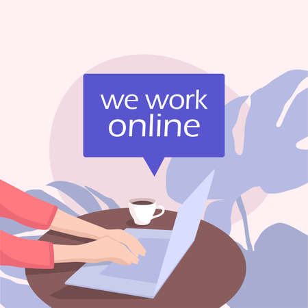 Concept vector art with laptop for for website, social media, app. Informing about work online during quarantine. Poster with pastel colors for home officeのイラスト素材