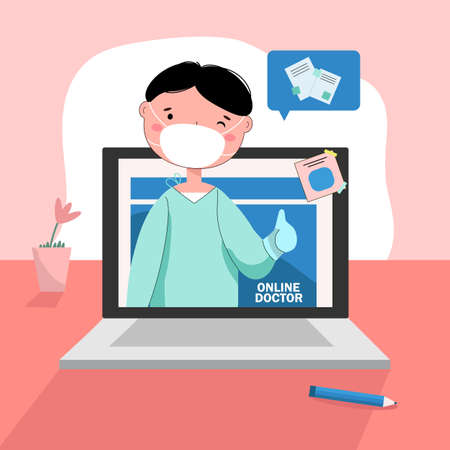 Kind doctor gives online consultation and give prescription by video talk. Medical diagnostics over the Internet. Medicine concept banner, healthcare applicationのイラスト素材